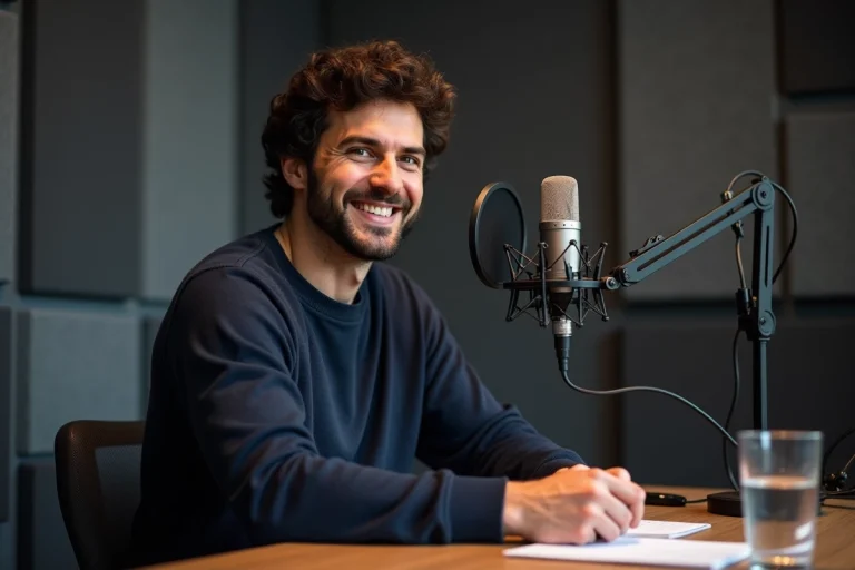 Aaron Nouchy en studio d'enregistrement podcast devant un microphone professionnel, souriant naturellement