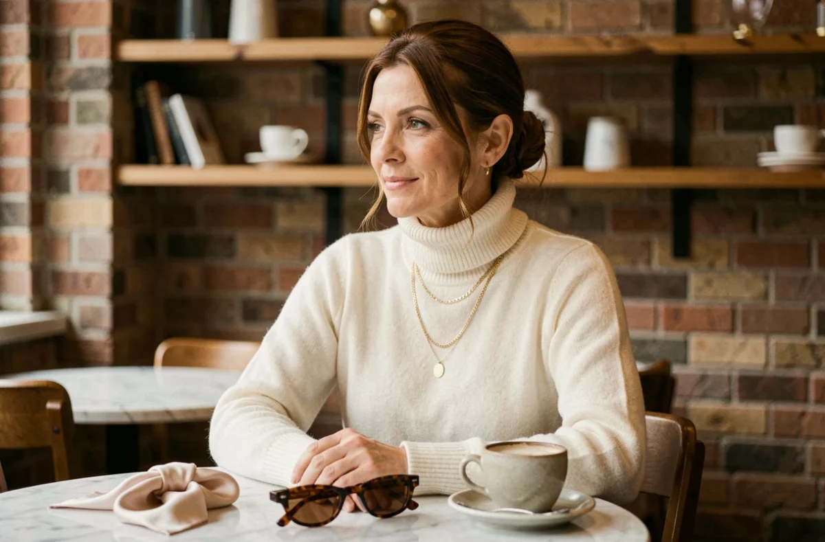 Femme sophistiquée avec bijoux dorés et foulard en soie dans un café, accessoires tendance inspirés du style discret et raffiné de Jennifer Garner