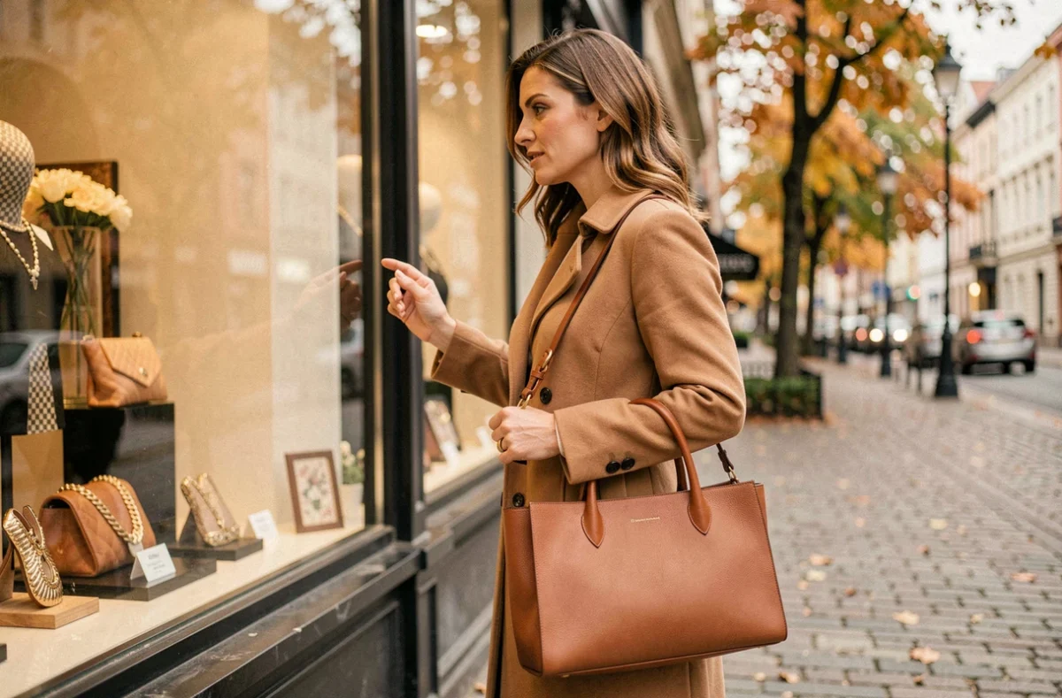 Femme élégante portant un trench camel et un sac en cuir cognac dans une rue parisienne en automne, inspiré du style Jennifer Garner