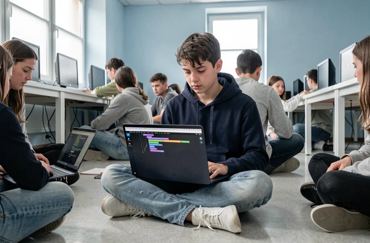 Adolescent apprenant la programmation informatique sur ordinateur portable dans une salle de classe moderne