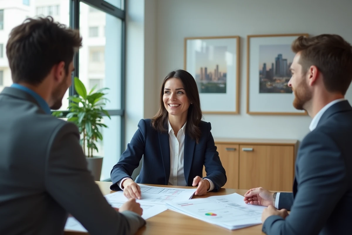 Agent immobilier professionnelle accompagnant un jeune couple dans la signature de documents d'achat immobilier dans une agence moderne