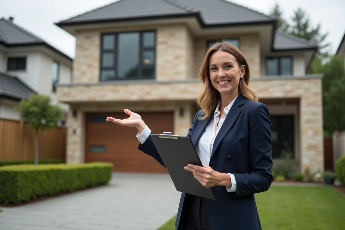 Une agente immobilière présente une maison contemporaine à vendre lors d'une visite extérieure