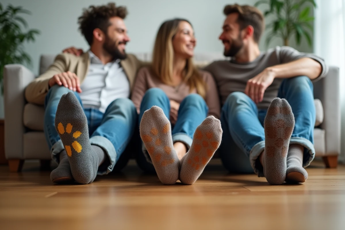 Trois amis avec chaussettes tendance dans un salon moderne