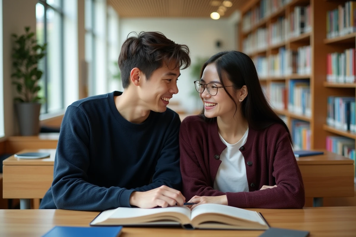 Moustafa et Marwa étudient ensemble dans une bibliothèque moderne illustrant une amitié intellectuelle et interculturelle