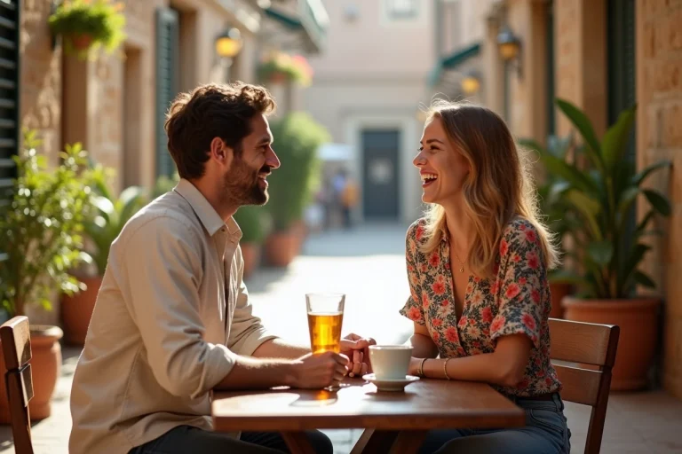 Deux jeunes amis Moustafa et Marwa partagent un moment complice autour d'un café en terrasse méditerranéenne
