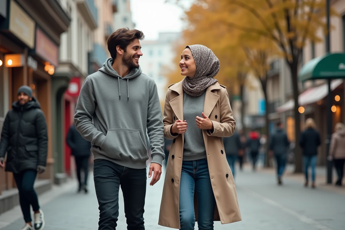 Moustafa El Oudi et Marwa Cheikh marchent ensemble dans une rue urbaine multiculturelle symbolisant une amitié transculturelle