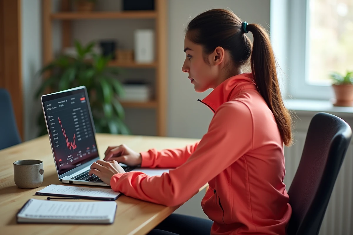 Femme athlète analysant ses données de vitesse de course sur ordinateur portable avec des graphiques d'allure