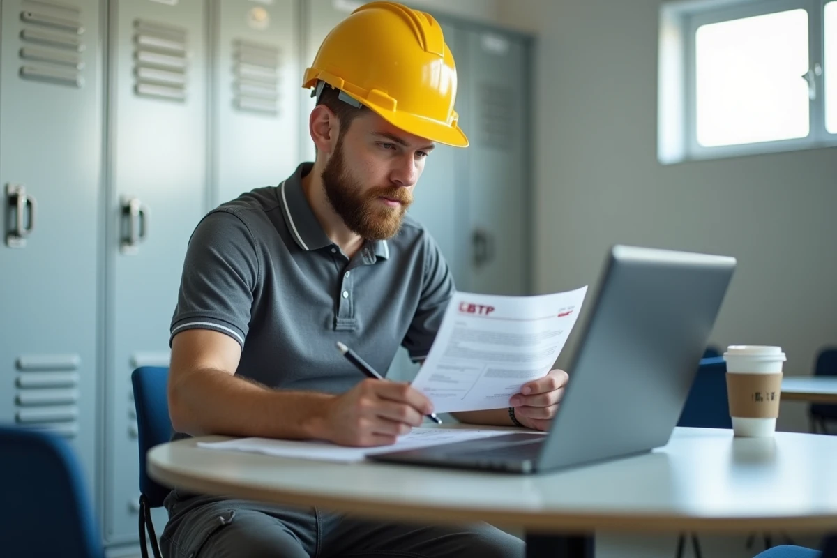Apprenti BTP complétant son inscription en ligne sur ordinateur portable dans une salle de pause de chantier
