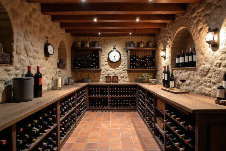 Cave à vin traditionnelle avec murs en pierre, casiers à bouteilles en bois et sol en carrelage terracotta, idéale pour aménager un espace de conservation au sous-sol