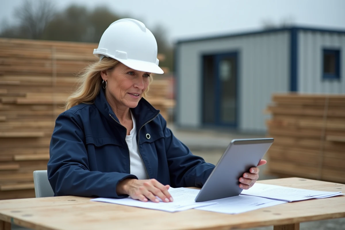 Cheffe de chantier BTP gérant ses dossiers administratifs sur tablette en extérieur