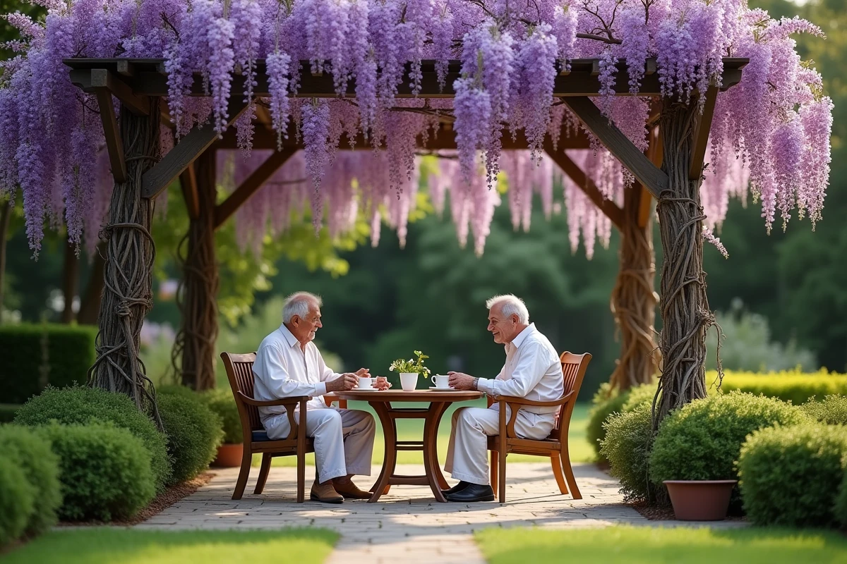 Duo d hommes âgés profitant d’un thé sous la pergola de wisteria