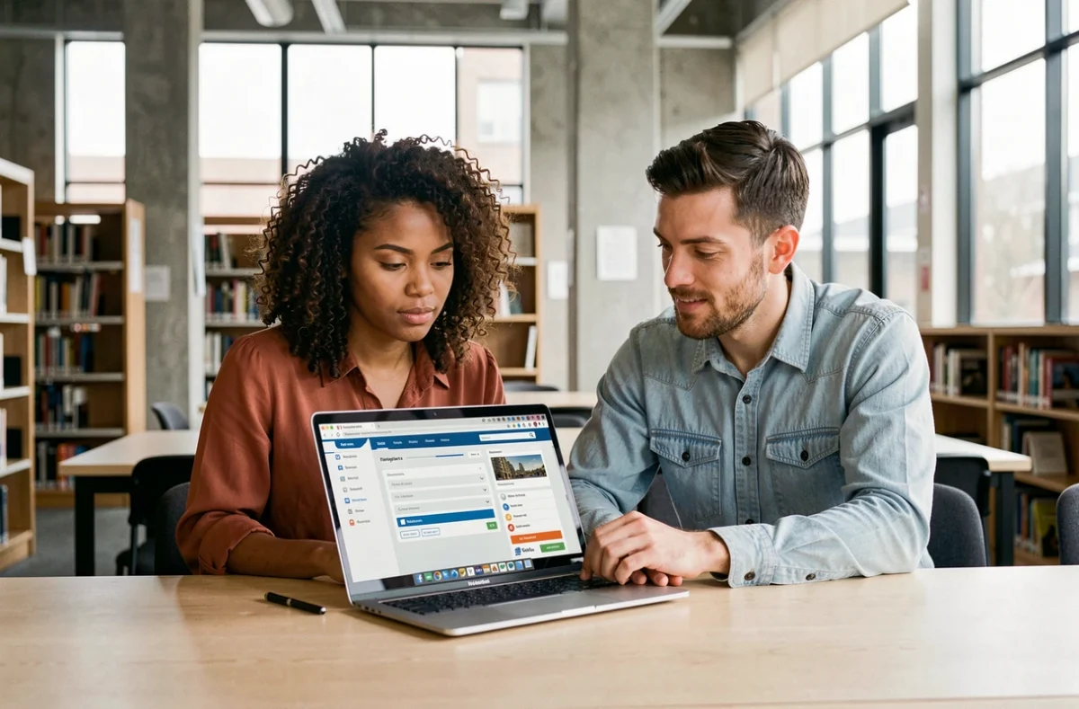 Deux jeunes professionnels explorant ensemble une plateforme d'offres d'emploi en ligne dans une bibliothèque moderne