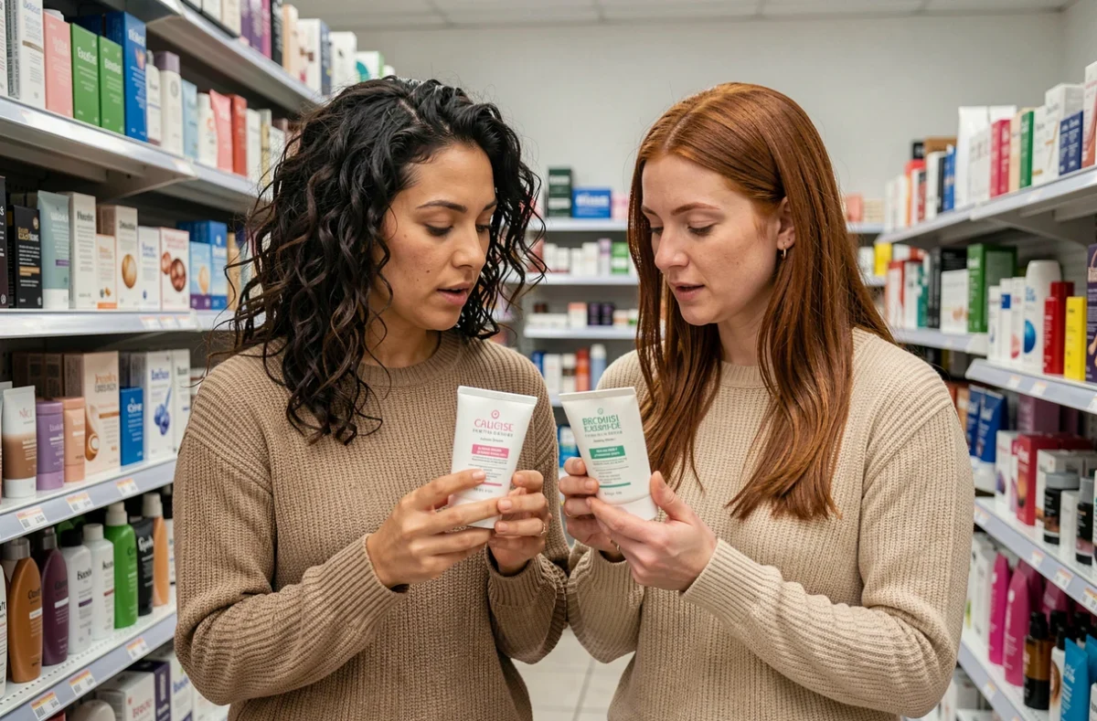 Deux femmes comparant des produits hydratants dans le rayon beauté d'une pharmacie, consultant les étiquettes avec attention