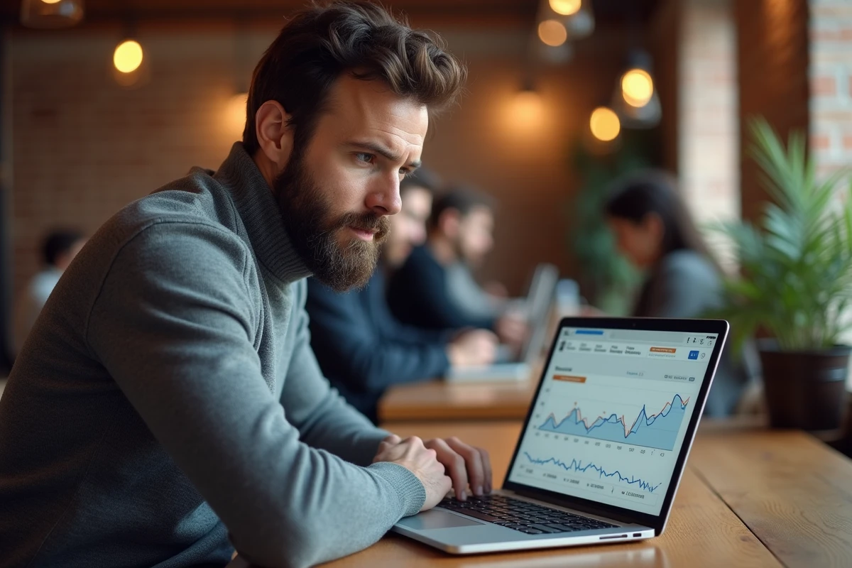 Consultant SEO concentré sur un outil de suivi de positionnement dans un espace de coworking