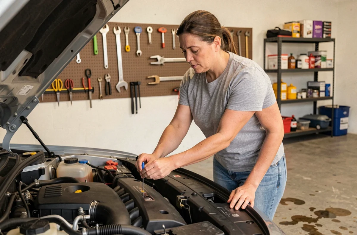 Femme vérifiant le niveau d'huile moteur dans un garage privé bien organisé