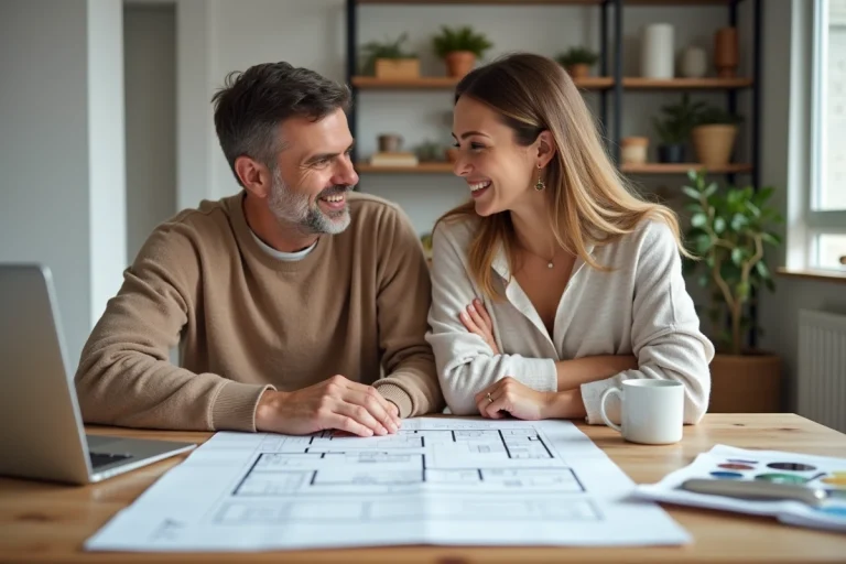 Un couple examine des plans architecturaux sur une table en bois pour préparer leur projet immobilier