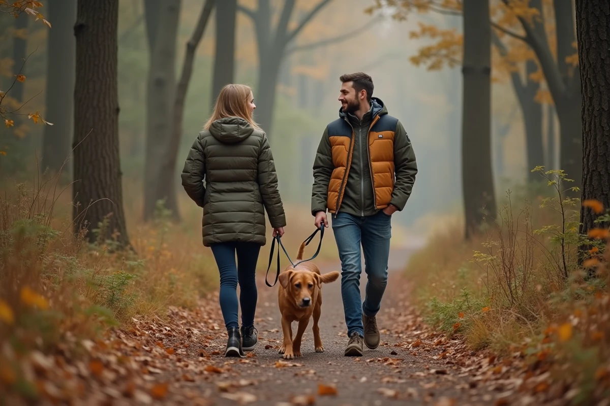 Couple promenant leur labrador en forêt en automne, activité physique et bien-être du chien au quotidien