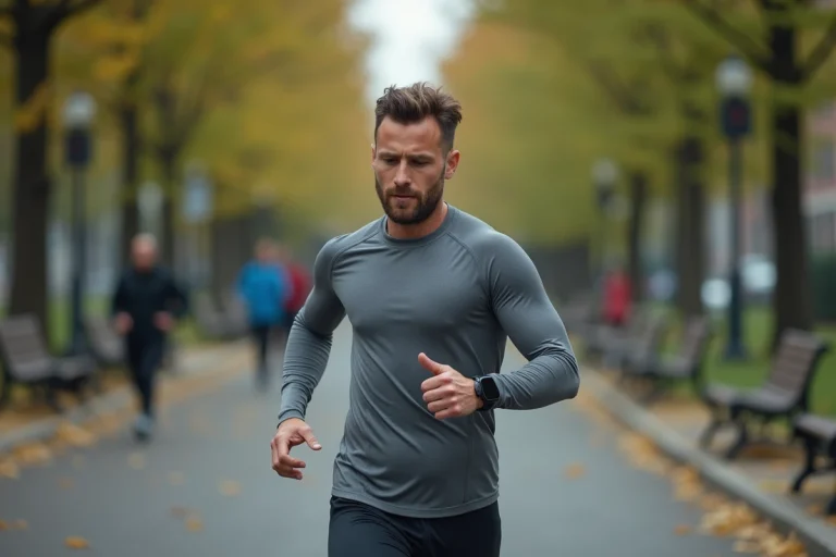 Coureur consultant sa montre GPS pendant une séance d'entraînement en parc urbain pour calculer sa vitesse de course