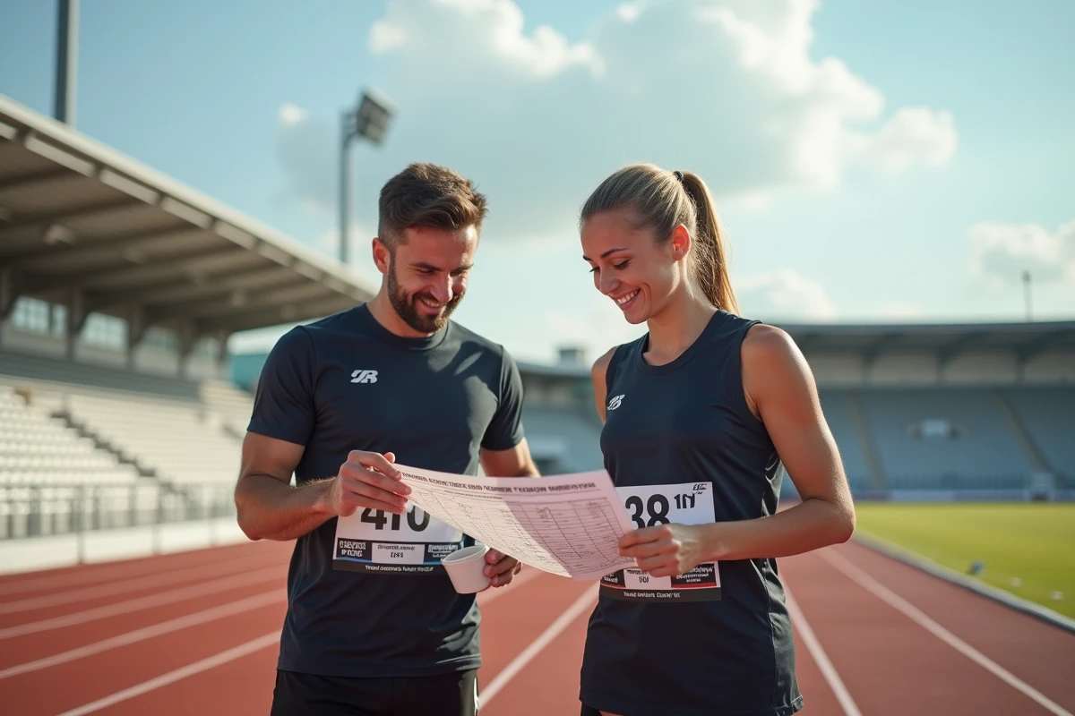 Deux coureurs sur une piste d'athlétisme consultant un tableau d'allures pour optimiser leur vitesse de course en compétition