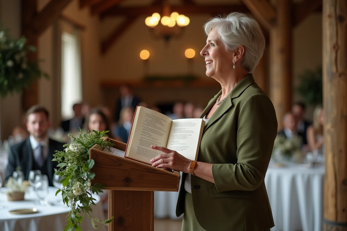 Une maman cite un proverbe familial en tenant un livre lors du discours de mariage de son fils