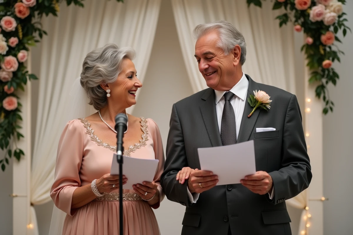 Une maman et un papa prononcent ensemble un discours à deux voix lors du mariage de leur fils