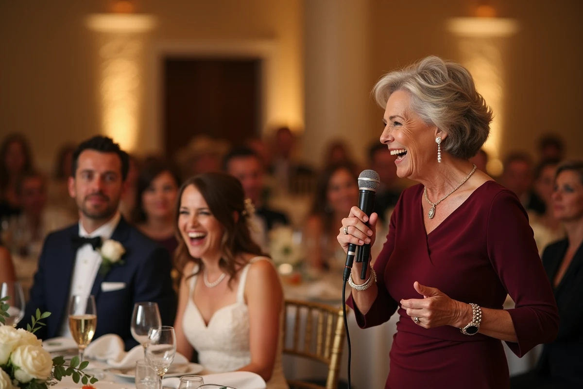 Une maman fait rire les invités avec un discours humoristique lors du mariage de son fils