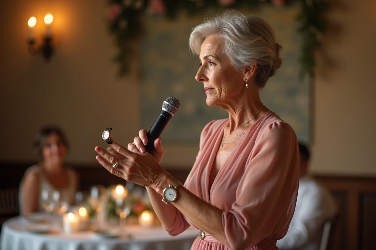 Une maman présente un objet symbolique, une montre ancienne, lors de son discours de mariage