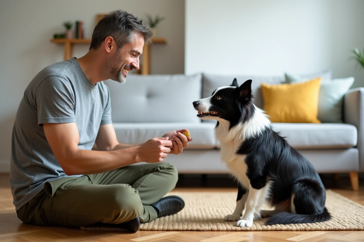 Homme en train d'éduquer son border collie à l'intérieur avec une récompense, conseils d'entraînement canin au quotidien