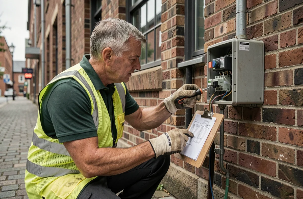 Électricien senior inspectant un boîtier électrique extérieur sur la façade d'un bâtiment commercial en milieu urbain