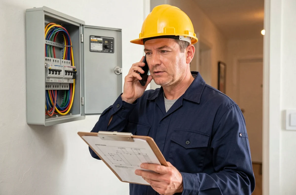 Électricien professionnel en uniforme bleu marine parlant au téléphone devant un tableau électrique dans un couloir résidentiel