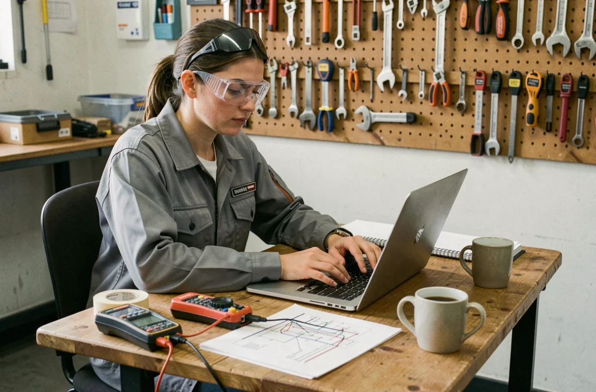 Électricienne professionnelle travaillant sur un ordinateur portable avec des plans électriques dans un bureau d'atelier organisé
