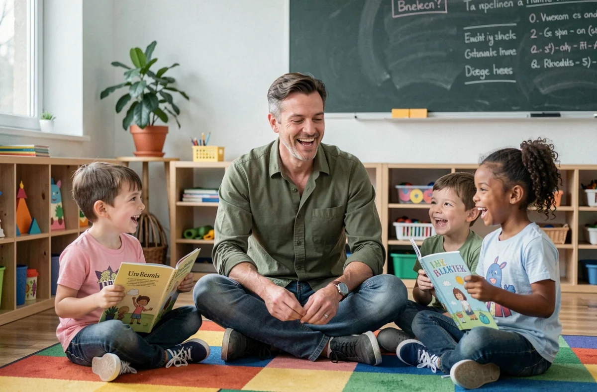 Un enseignant bienveillant partage un moment de lecture avec des enfants d'âge scolaire dans une salle de classe moderne, symbolisant l'accompagnement éducatif et épanouissant des jeunes