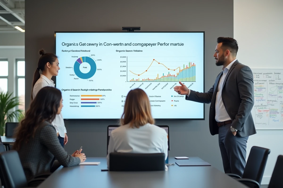 Équipe marketing analysant des rapports de performance SEO lors d'une réunion stratégique en salle de conférence