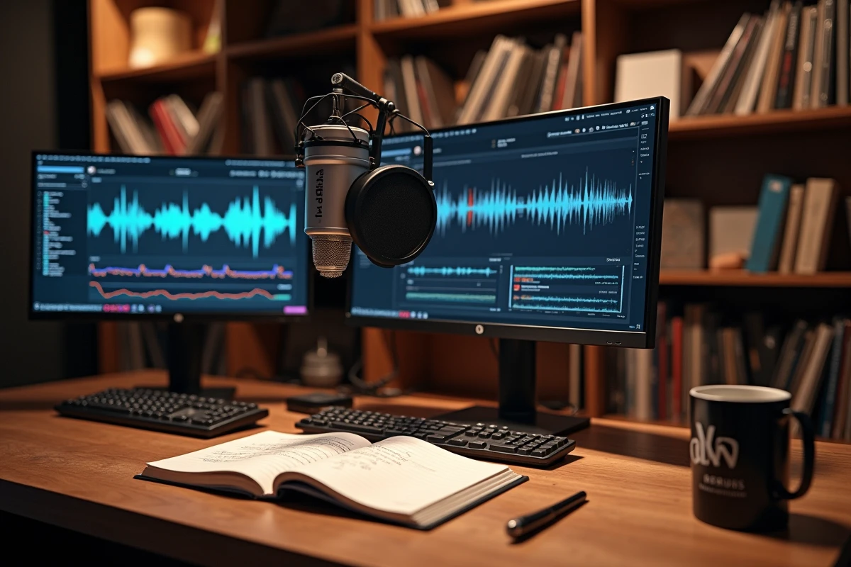 Espace de production podcast moderne avec microphone, écrans et notes de l'émission On s'appelle