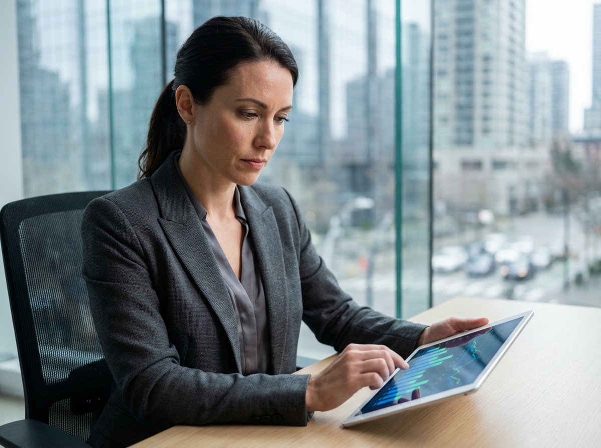 Femme d'affaires en costume gris utilisant une tablette