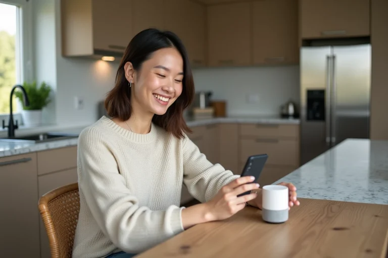 Femme souriante utilisant un assistant vocal dans une cuisine moderne