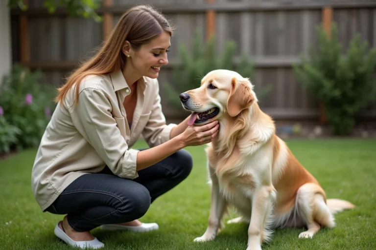 Femme qui câline son golden retriever dans le jardin, illustrant le lien de confiance entre un chien et son propriétaire
