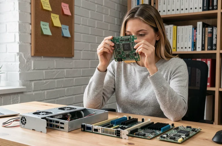 Femme explorant les composants internes d'un ordinateur de bureau dans un bureau à domicile moderne
