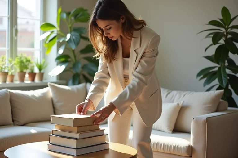 Femme en blazer crème arrangeant des livres d'art dans un salon lumineux