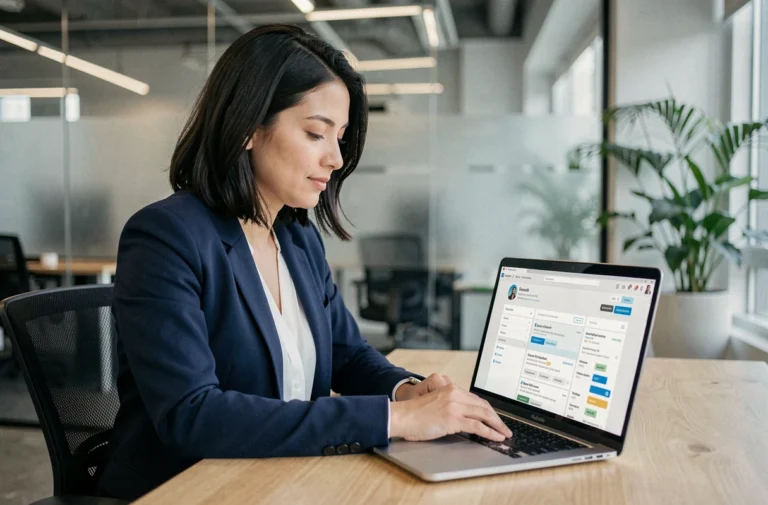 Femme professionnelle naviguant sur une plateforme d'offres d'emploi en ligne depuis son bureau dans un espace de coworking