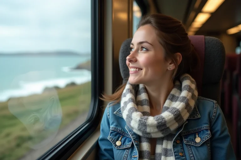 Jeune femme en train regardant la mer depuis la fenêtre