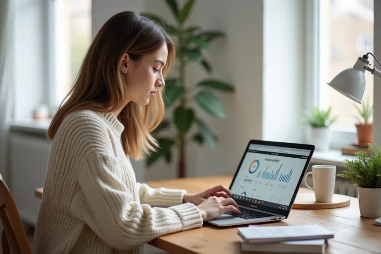 Femme travaillant sur sa présence en ligne depuis un bureau moderne à domicile avec un tableau de bord analytique affiché sur son ordinateur portable