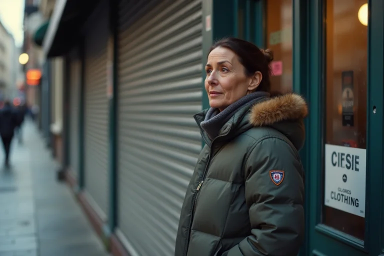 Femme d'âge moyen en hiver devant un magasin fermé