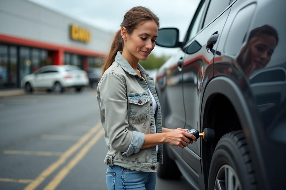 Femme vérifiant la pression des pneus de son SUV dans un parking avec un manomètre numérique portable
