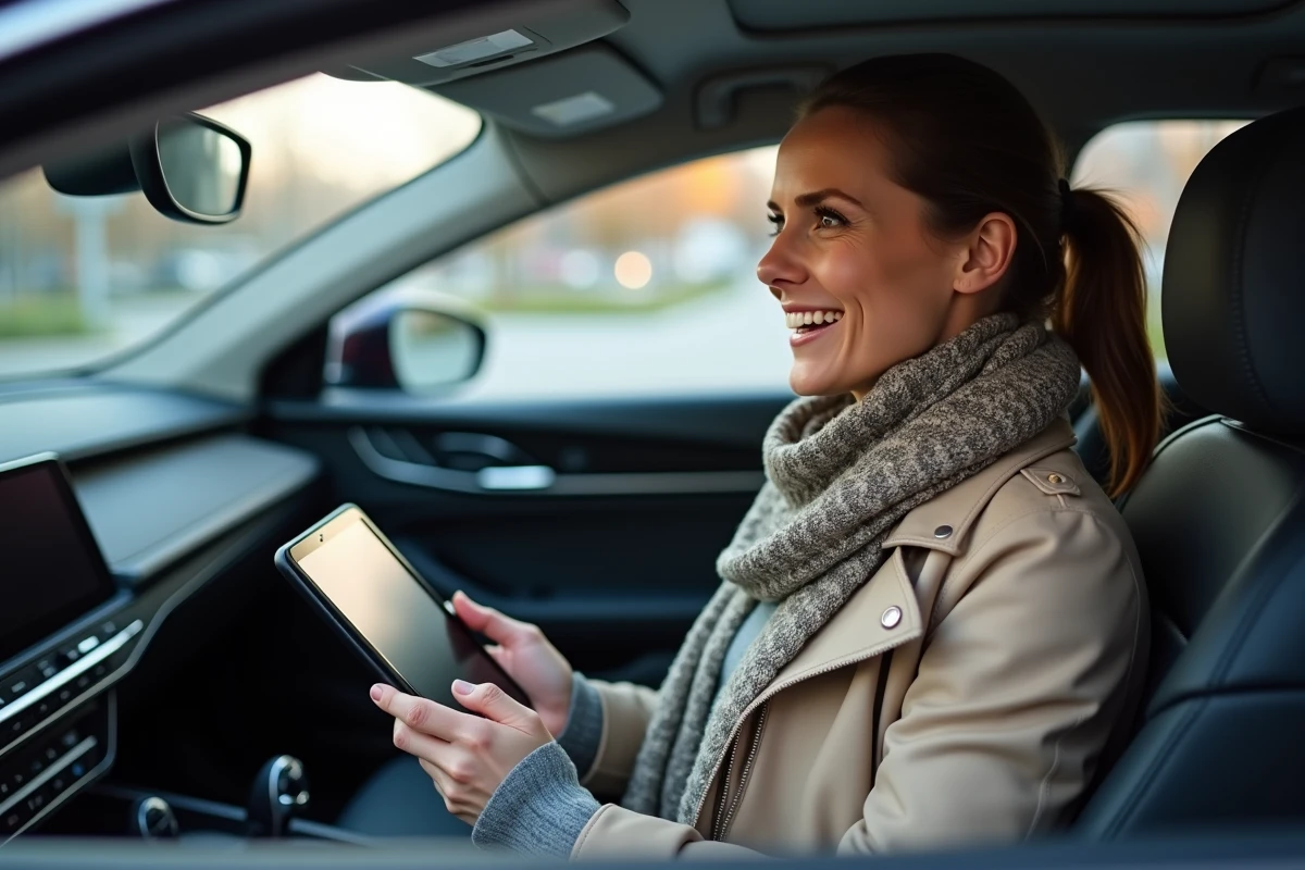 Femme souriante dans l interieur d une voiture avec tablette