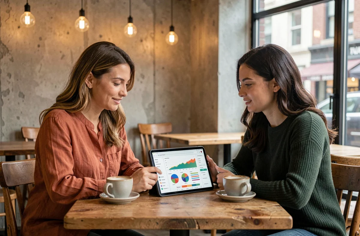 Deux femmes collaborant sur une tablette numérique avec tableau de bord de données dans un café urbain