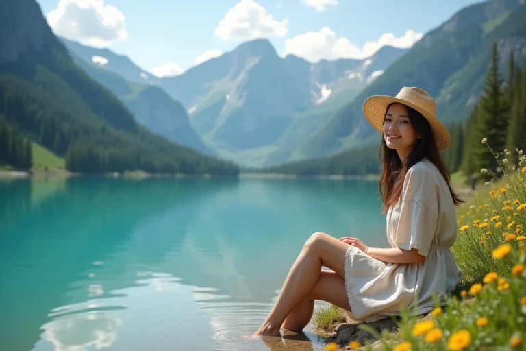 Jeune femme au bord d'un lac de montagne turquoise