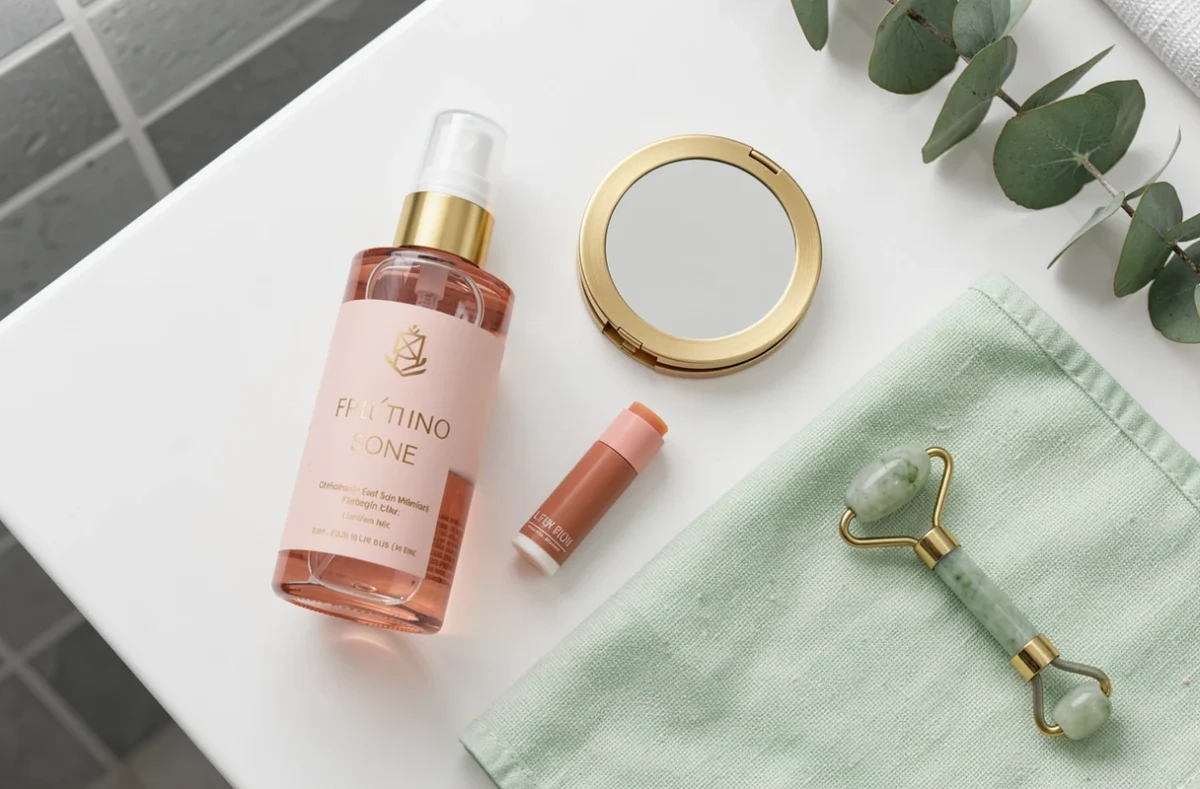 Flat-lay minimaliste de produits de beauté essentiels incluant un brumisateur, un rouleau en jade et un miroir compact sur surface blanche