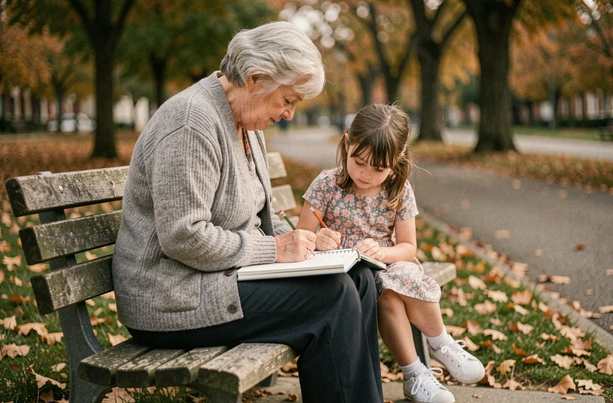 Une grand-mère et sa petite-fille partagent un moment créatif de dessin sur un banc de parc en automne, illustrant l'importance du lien intergénérationnel dans l'épanouissement serein des enfants