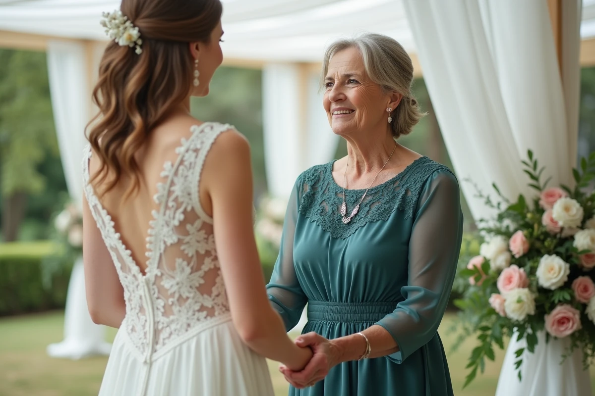 Une maman rend un hommage sincère à sa belle-fille en lui tenant les mains lors du mariage